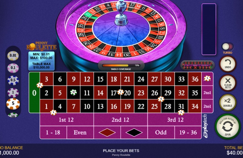 Penny Roulette játékfelület — inside bets és pörgető kerék